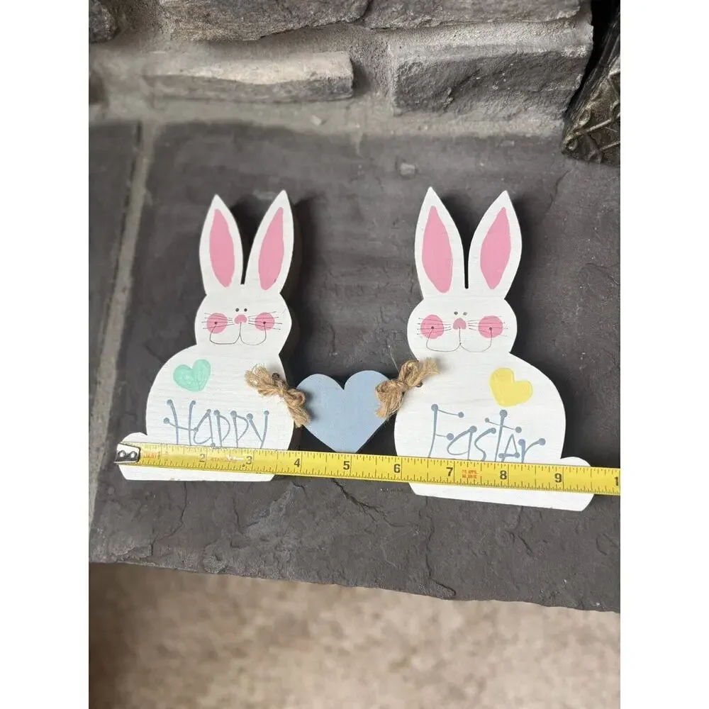 “Happy Easter” Bunny Figures Hand Painted Wood Cottagecore Vintage Cute